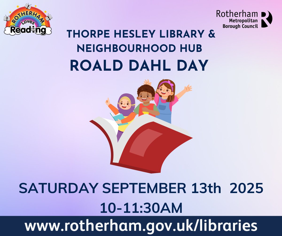 RothLibraries's tweet image. Roald Dahl Day is a special occasion dedicated to celebrating the enchanting tales of Roald Dahl. Join us at Thorpe Hesley Library to engage in fun activities to honor the magic and joy his stories bring to children everywhere.
Drop in event, no need to book.
