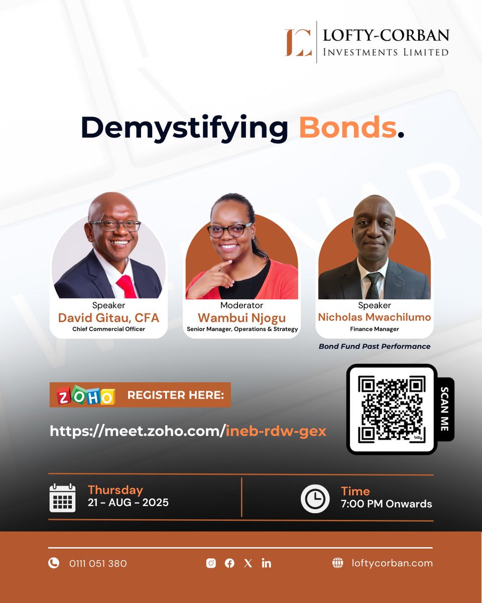 Did you know that bonds are not risk-free?

Join us for the exclusive webinar to understand how #Bonds work, the risks involved, and discover the best ways to meet your financial needs using a #BondFund.

Secure your spot today: meet.zoho.com/ineb-rdw-gex
_
#LoftyCorban #InvestSmart