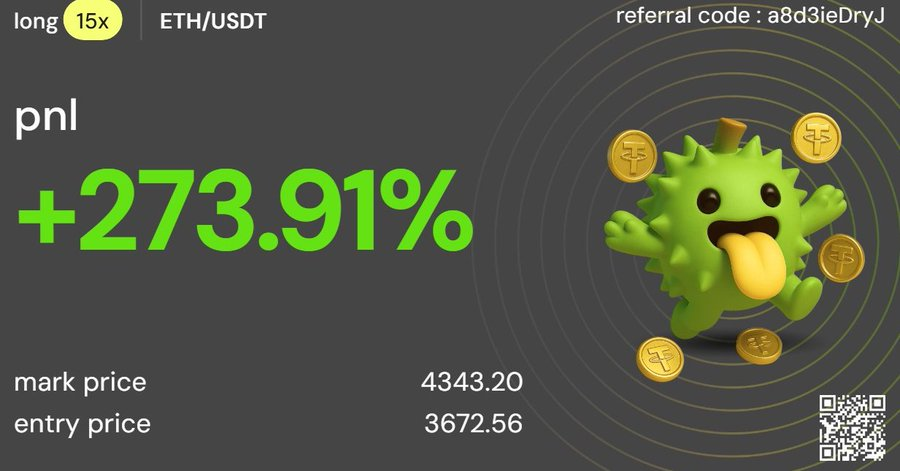 0x_carrot's tweet photo. 这波 $ETH 涨得比预期猛不少  #ETH 结构很标准 
我在 3600 左右开了个多单，刚好把上周止损的洞补上

连续突破日线关键位之后，回踩反而是加仓点

顺势交易的朋友应该都拿得舒服，不顺的 建议先观望，别硬顶

榴莲目前体验下来真的很纯
图表就是最直接的回报 🔥 @durianwin 

#Crypto #合约 #DurianWin https://t.co/vaDSQtiCfB