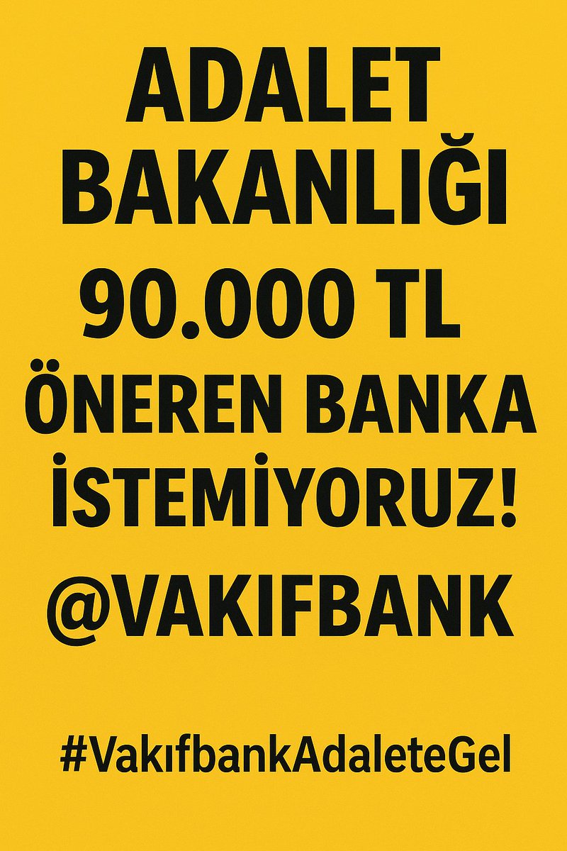 Bütün Adalet Bakanlığı Personellerine çağrımızdır 90 bin gibi komik teklif veren bankanın;
➡️Kredi kartlarını kapatıyoruz
➡️Ek hesabını kapatıyoruz 
➡️Bütün paramızı başka bankalara aktarıyoruz 
➡️Vakıf mobil uygulamasına bir puan veriyoruz
<a href="/VakifBank/">VakıfBank</a> 

#VakıfbankAdaleteGel