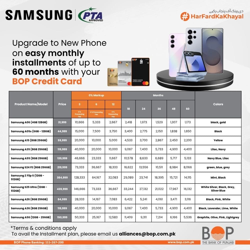 thebankofpunjab's tweet photo. Upgrade your smartphone the easy way! 📱✨

Get your favorite #Samsung phone on convenient monthly installments of up to 60 months with your BOP Credit Card.

#TheBankOfPunjab #HarFardKaKhayal #BOPCreditCard #digiBOP https://t.co/LrXGWNIkaB