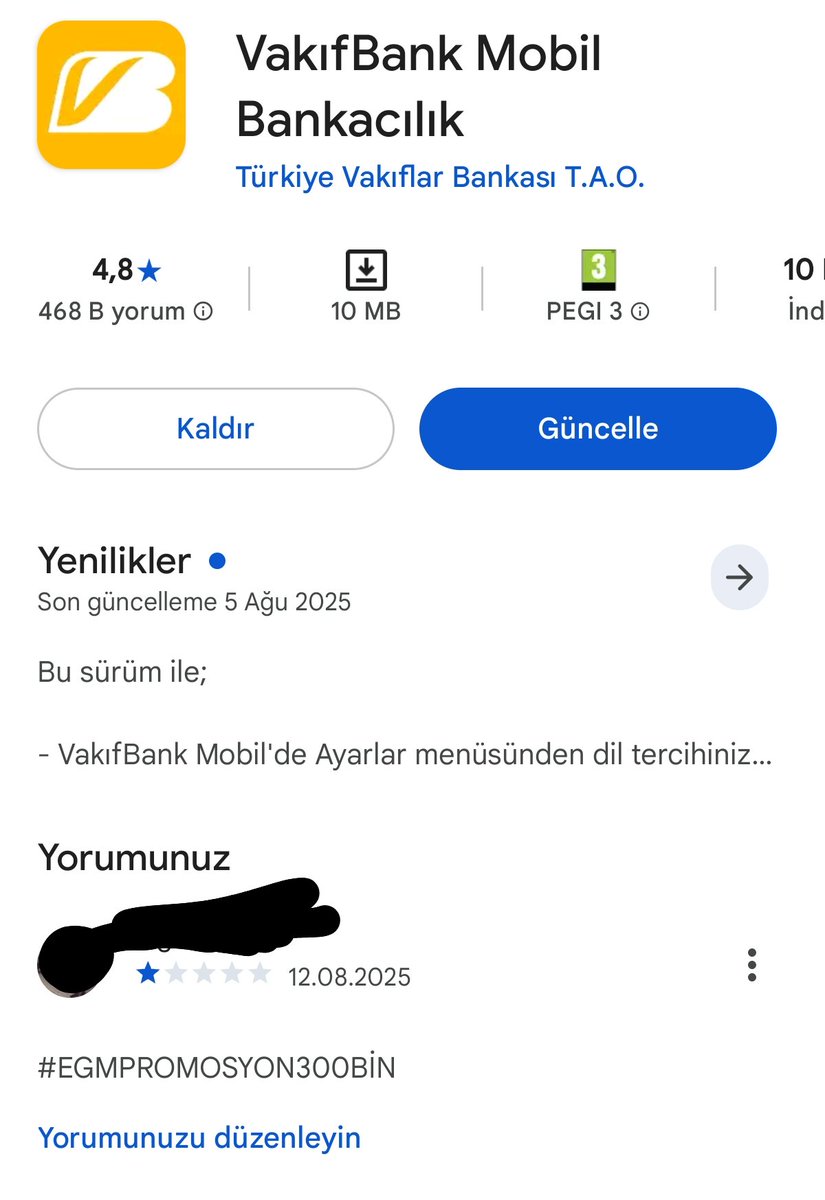 Biz Vakıfbank uygulamasının puanını 1'e kadar düşürmüştük. Daha da düşüremiyoruz. Siz neyi bekliyorsunuz yüklenin ve tepkinizi gösterin.
#VakıfbankAdaleteGel
#AdaletKararli300Bin