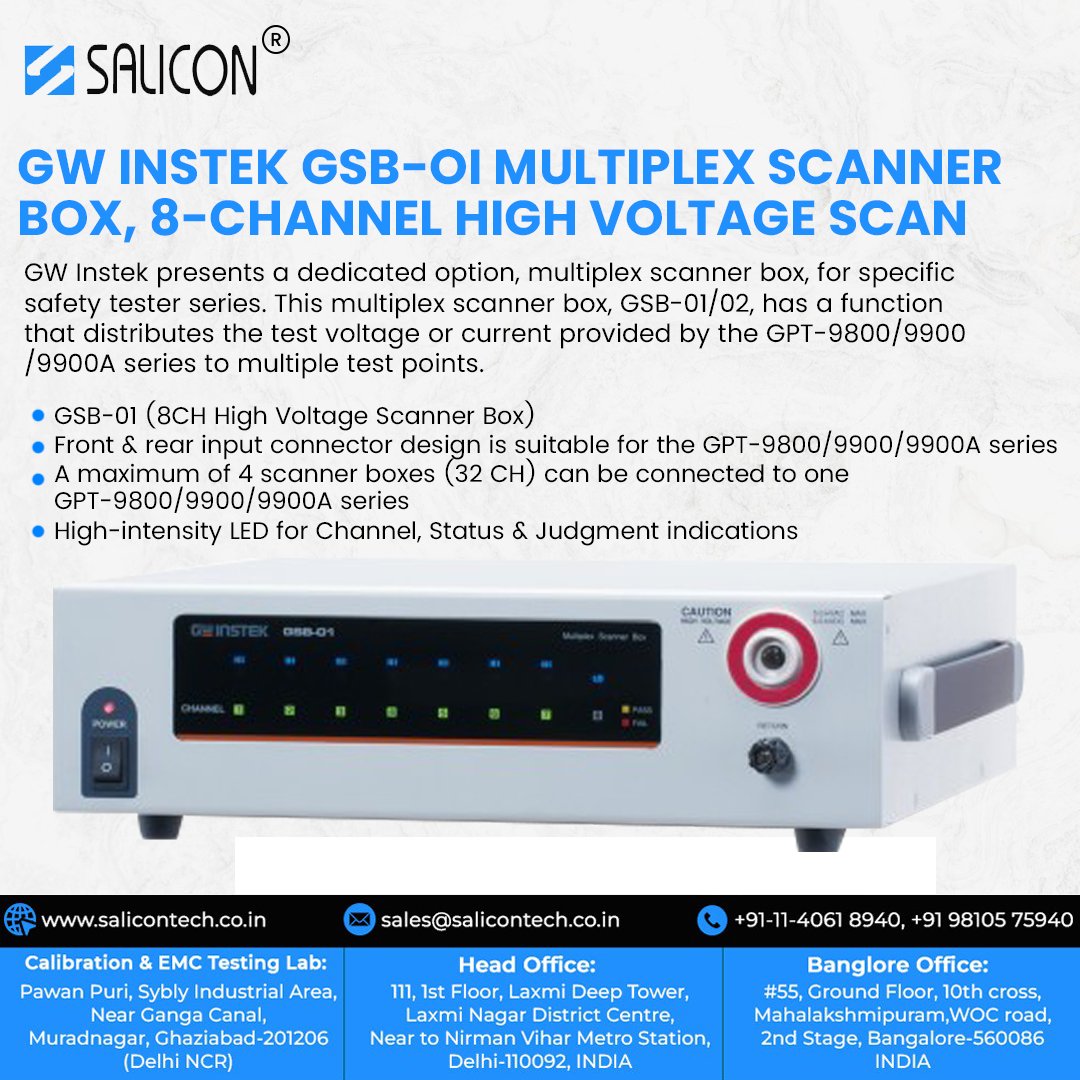 salicontech's tweet photo. ⚡ Enhance electrical safety testing with the GW Instek GSB-01 Multiplex Scanner Box!

✔️ 8-Channel HV Scan
✔️ Expandable up to 32 Channels
✔️ LED indicators for status &amp; judgment

🔗 https://t.co/MZ9NNr35kg
#ElectricalSafety #GWInstek #TestingEquipment #SaliconTech https://t.co/QdbHsL2KEw