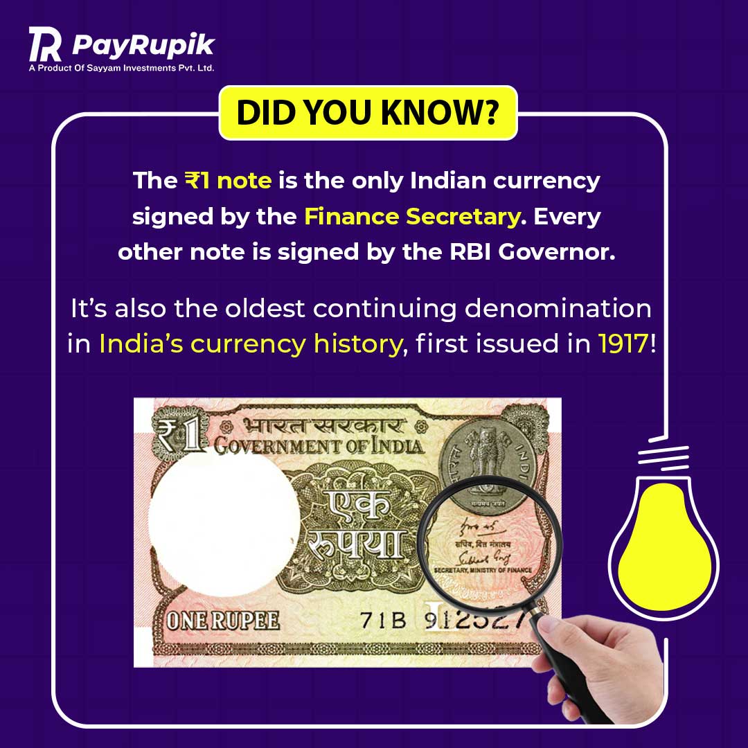 Did you know the ₹1 note has a special story? ✨
It’s the only note signed by the Finance Secretary and not the RBI Governor.

#didyouknow #indianrupee #currencyfacts #moneytips #financefacts #rupeestory #indianotes #funfacts #financeknowledge #payrupik