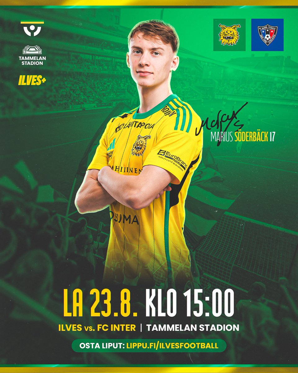 Lauantaina äärimmäisen suuri peli Tammelassa! 🔥

⚽️ La 23.8. klo 15:00 Ilves—FC Inter
🎟️ Osta liput: lippu.fi/ilvesfootball
⭐️ Lippuja myyty jo yli 4500!

#Ilves #Veikkausliiga