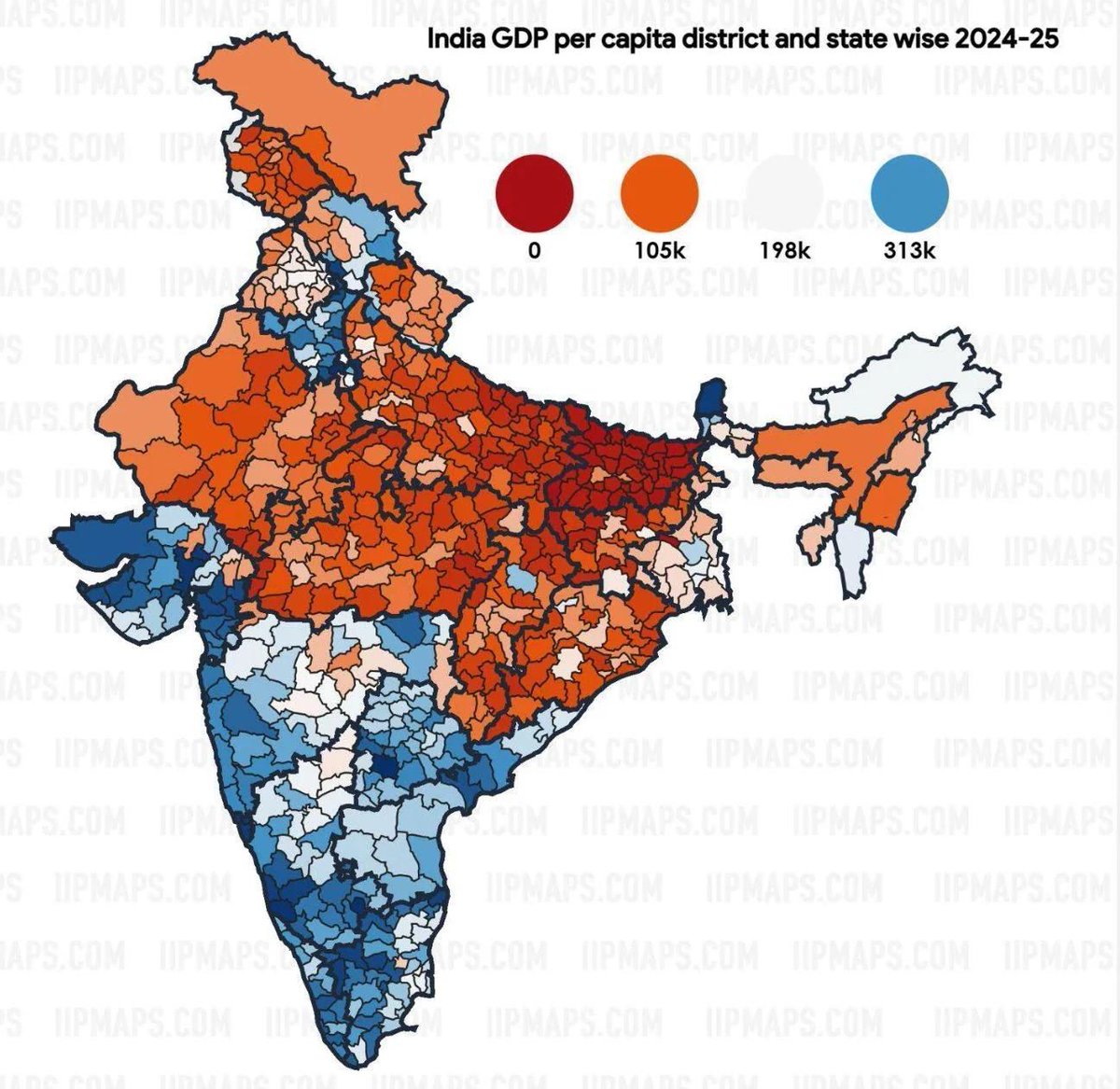malenadaPandi's tweet image. 📊 Look at this map!
&amp;gt; South India &amp;amp; Karnataka districts deep blue (high GDP per capita)
&amp;gt; Hindi belt is red &amp;amp; orange (low GDP per capita)

Yet it is South’s wealth that Delhi loots through taxes, subsidies &amp;amp; projects.
Stop Hindi hegemony! Respect federalism #Karnataka #StopLoot