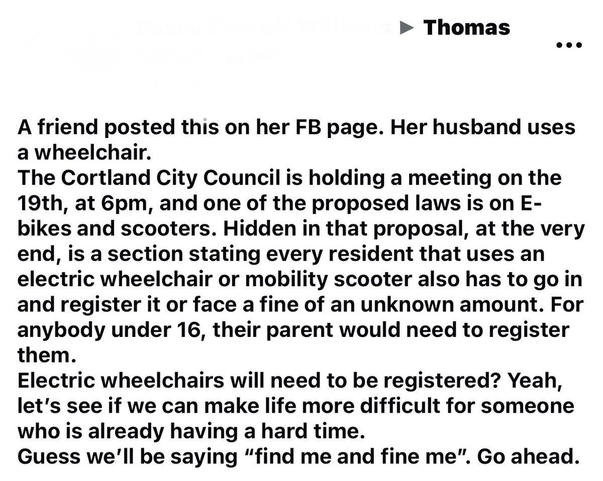 ThomasQuiter's tweet photo. I urge you to attend the Cortland city council meeting on the 19th at 6pm to express your opposition to mandatory wheelchair registration. 

Alternatively, you can contact the council members listed below in advance using their publicly available phone numbers. https://t.co/cmxn0KiQ3l