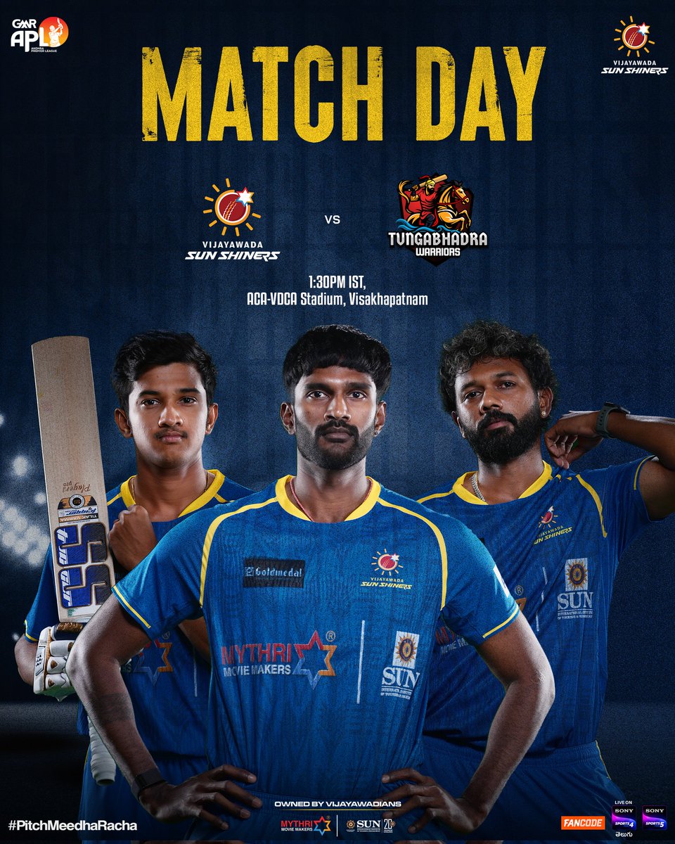 Big match today🌟

We take on the #TungabhadraWarriors today 💥💥

Don't miss #PitchMeedhaRacha from 1.30 PM onwards ❤‍🔥

<a href="/vjasunshiners/">Vijayawada Sun Shiners</a> <a href="/MythriOfficial/">Mythri Movie Makers</a> @andhrat20league #SunInternationalInstitute
#APL2025