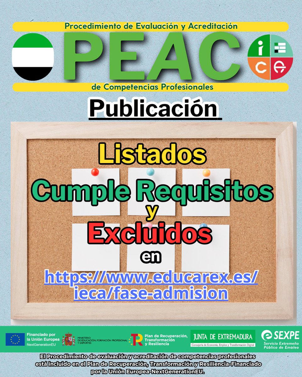 Listado de “Cumple Requisitos” educarex.es/ieca/fase-admi…
Pagar las tasas mediante el Modelo 50 para continuar con tu acreditación.
Accede al formulario online.
modelo050.juntaex.es/modelo050/
Importe: 10,23 € por cada UC solicitada
 Sube el justificante a la plataforma PEAC.