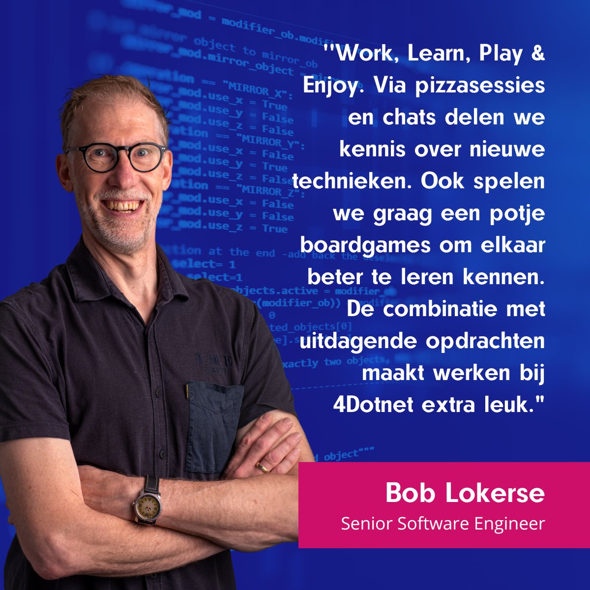 Collega Bob (Senior Software Engineer) werkt nog maar kort bij 4Dotnet en heeft de sfeer al goed te pakken: Game Nights, pizzasessies, borrels én binnenkort Lissabon!
Benieuwd hoe hij het werken bij ons ervaart? Check z’n quote hieronder. 🎉