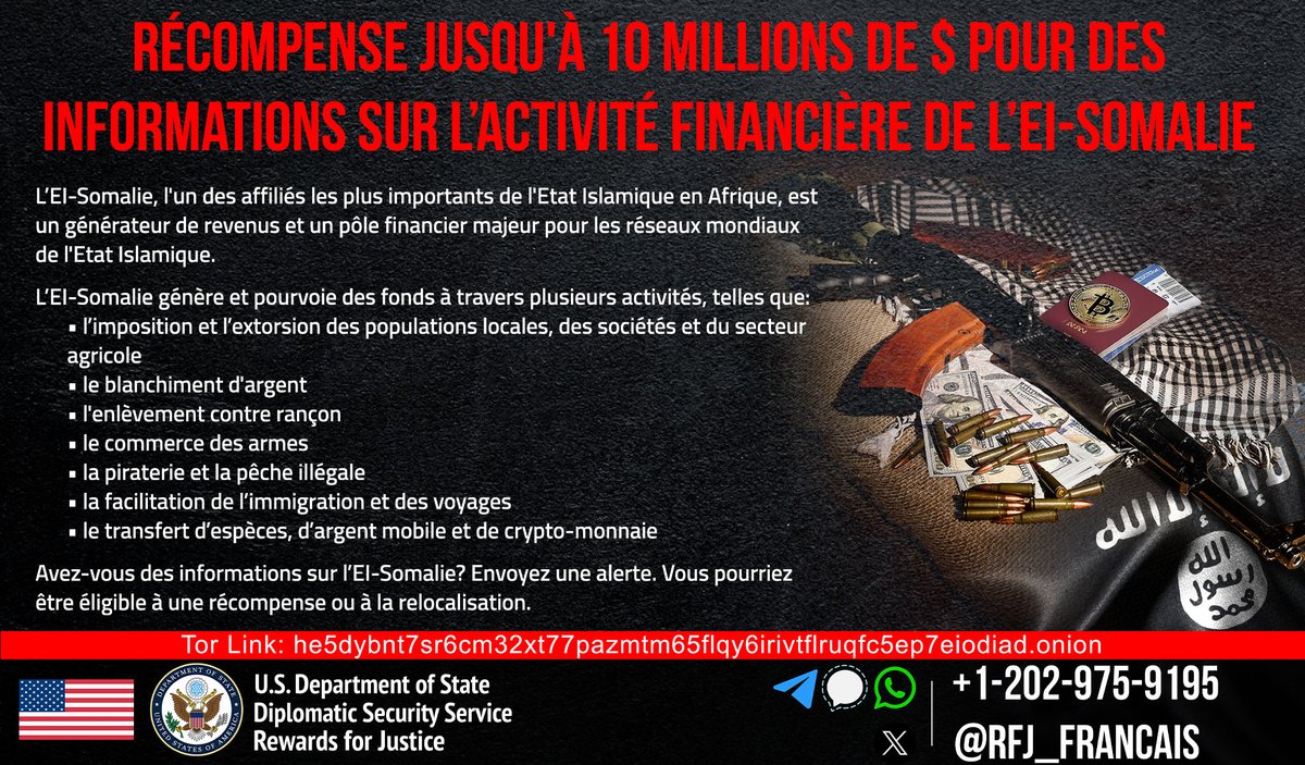 RFJ_Francais's tweet photo. Aidez-nous à démanteler le flux de fonds qui finance la violence de l'Etat Islamique. 

Partagez vos informations sur les mécanismes financiers de l'Etat Islamique avec nous. 

Votre alerte pourrait vous rendre éligible à une récompense et à la relocalisation. https://t.co/AvtNbpW6u5