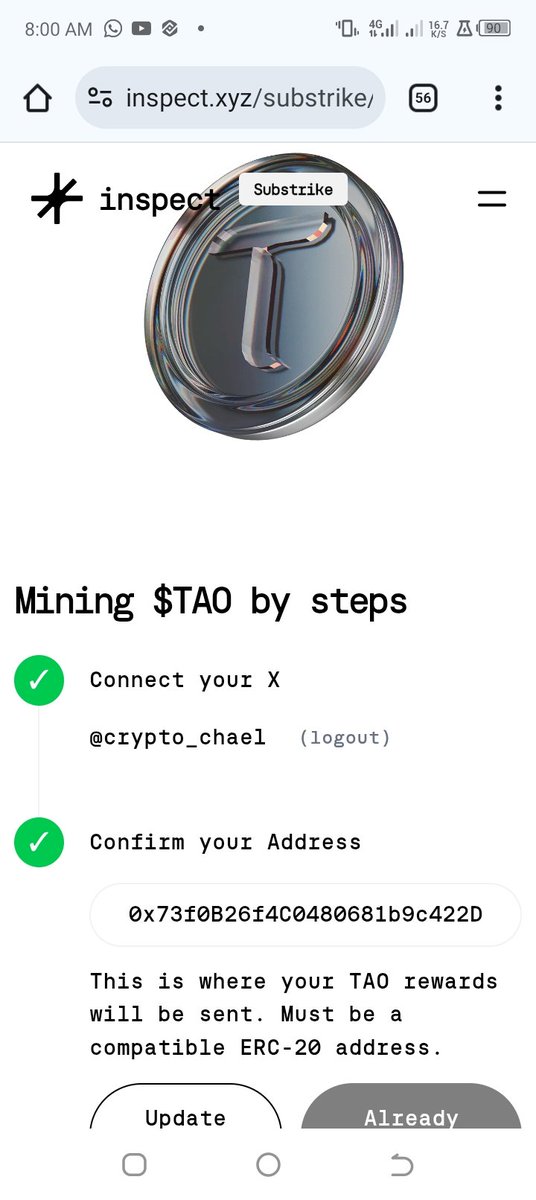 I have gotten many questions 

HOW TO MINE $TAO? 
it’s simple, Talk about <a href="/inspectxyz/">Inspect</a> 

No hardware, no complexity, just your words.
Everything is directly onchain

Talk about <a href="/inspectxyz/">Inspect</a> , Earn $TAO

• Connect X: inspect.xyz/substrike
• Add EVM Wallet
• Mine ⛏️ 

Let’s go!