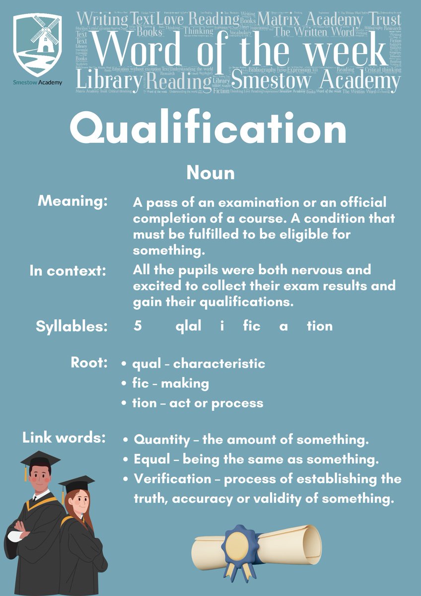 Qualification
GCSE Results day is on Thursday, we’re so excited for our pupils to gain their hard-earned ‘qualifications’!
#SmestowAcademyLibrary #WordOfTheWeek