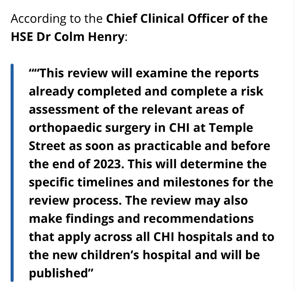 The Scoliosis Advocacy Network #BackUs (@scolionetwork) on Twitter photo hse.ie/eng/services/n…
Where is the long awaited Nayagam Report into Ortho surgery in <a href="/CHI_Ireland/">Children's Health Ireland</a> ?
How long more must families wait ? <a href="/BernardGloster/">Bernard Gloster</a>
<a href="/CcoHse/">Dr Colm Henry, CCO HSE Ireland</a> “This review will examine the reports already completed and complete a risk assessment of the relevant areas of hse.ie/eng/services/n…
Where is the long awaited Nayagam Report into Ortho surgery in <a href="/CHI_Ireland/">Children's Health Ireland</a> ?
How long more must families wait ? <a href="/BernardGloster/">Bernard Gloster</a>
<a href="/CcoHse/">Dr Colm Henry, CCO HSE Ireland</a> “This review will examine the reports already completed and complete a risk assessment of the relevant areas of