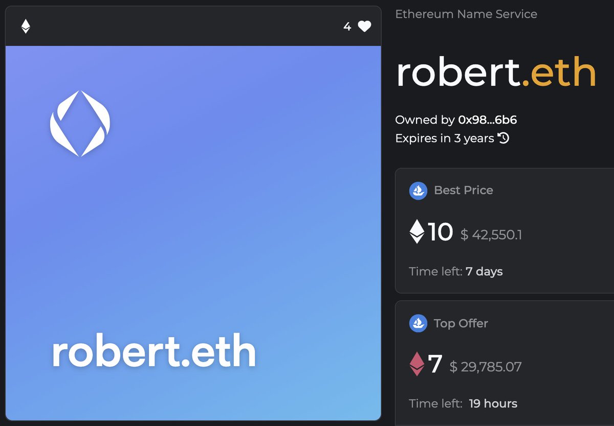 robert.eth has a new bid of 7 ETH ($29,785)
It looks like we'll see another big ENS sale soon. 🔥

michael.eth registered for 16.6 ETH (73869.33 USD) a few days ago.