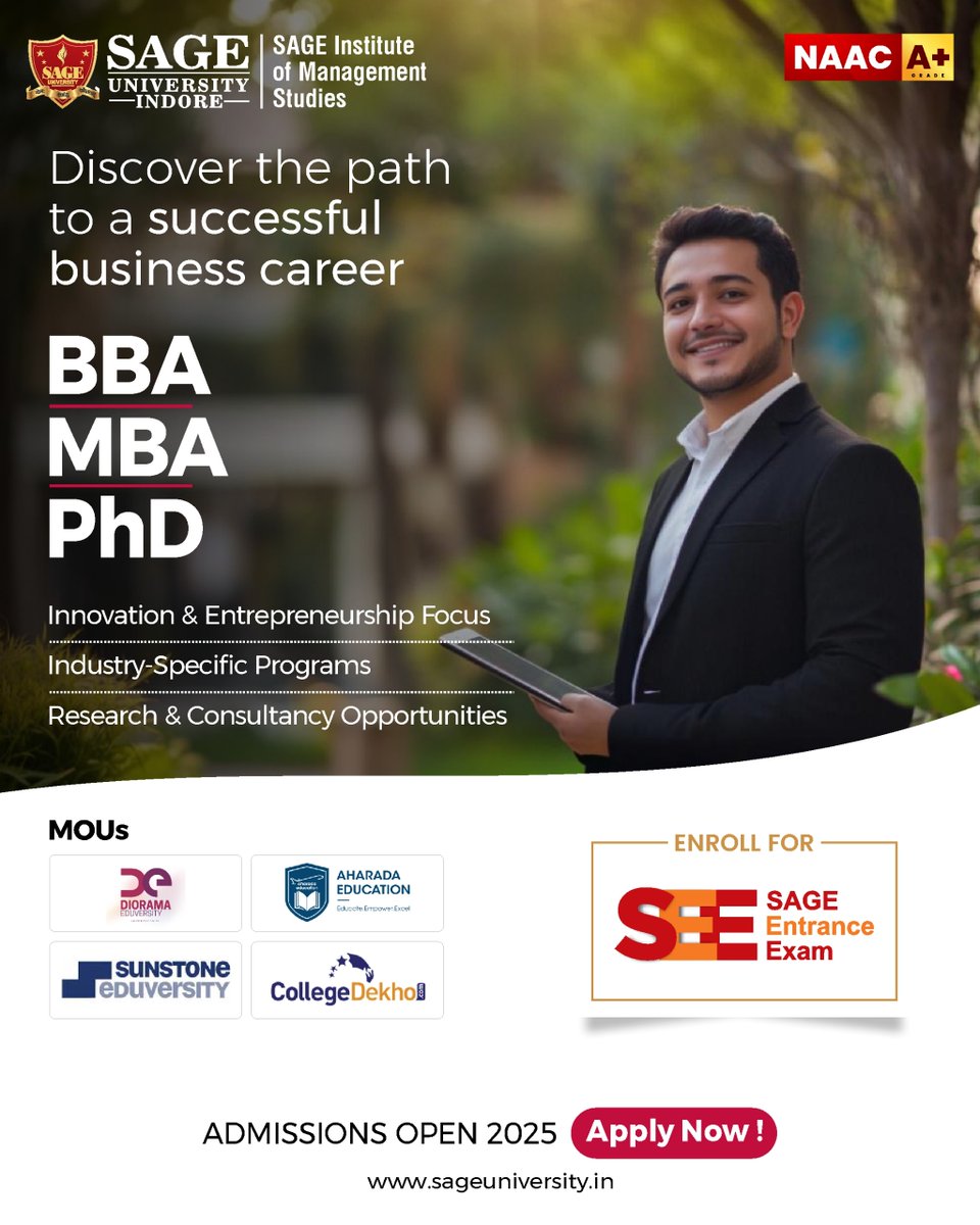 SAGE_INDORE's tweet photo. SAGE Institute of Management Studies, offers BBA, MBA &amp; PhD programs with a strong focus on entrepreneurship, innovations &amp; industry learning. Students gain real-world exposure through research, consultancy &amp; collaborations with top management institutions.

#SAGEUniversityIndore https://t.co/l5NTcucuFb