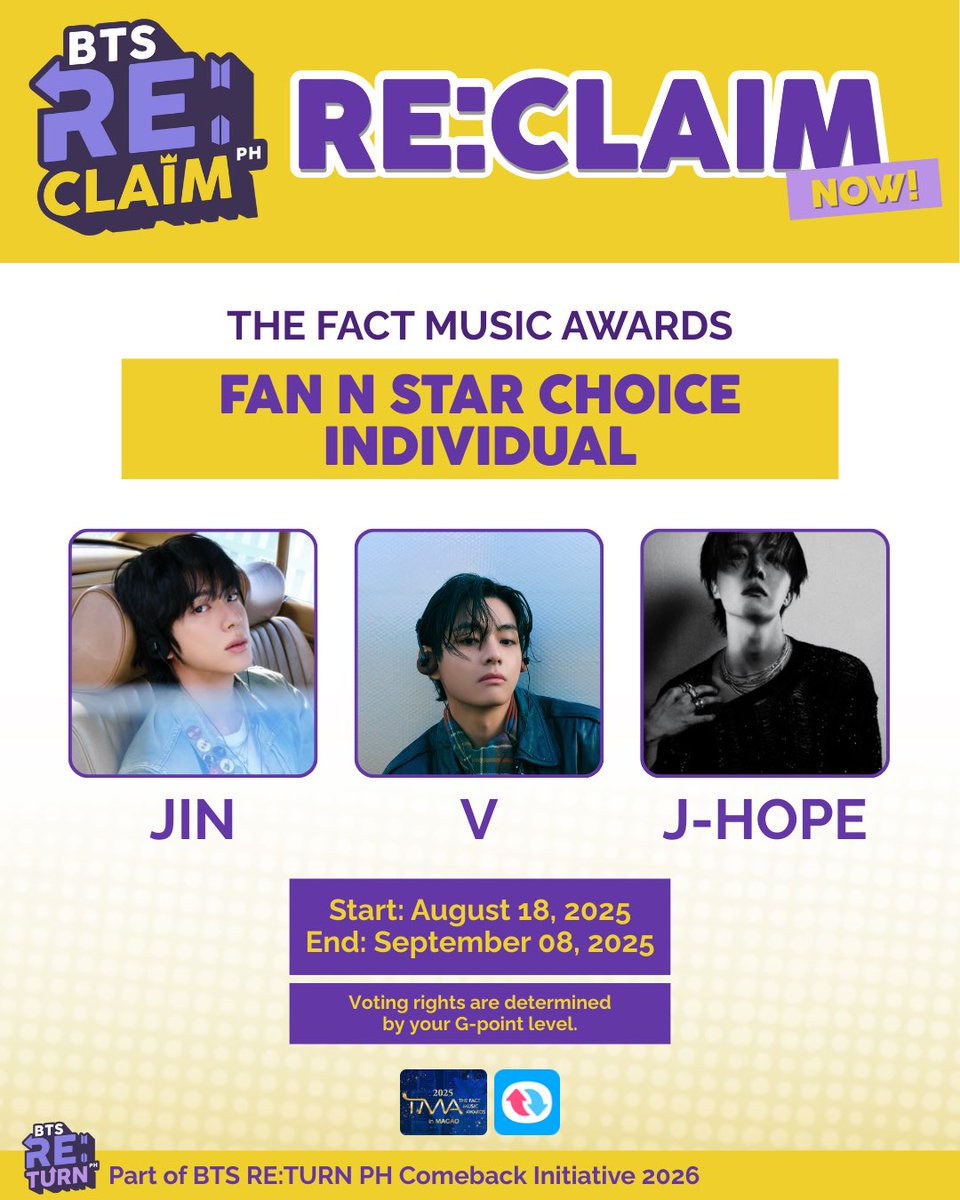 💜 ARMY, it’s time to shine!
TMA 2025 – FAN N STAR CHOICE INDIVIDUAL Final Voting has began today, Aug 18 (12PM KST).

✨ BTS: Jin, j-hope, V
🎟 Vote daily with Gpoints Level tickets!
🌐 Tutorial: btsreturnph.com

#2026BTSComebackInitiativePH #PHARMYsUnite #BTSRE_TURNPH