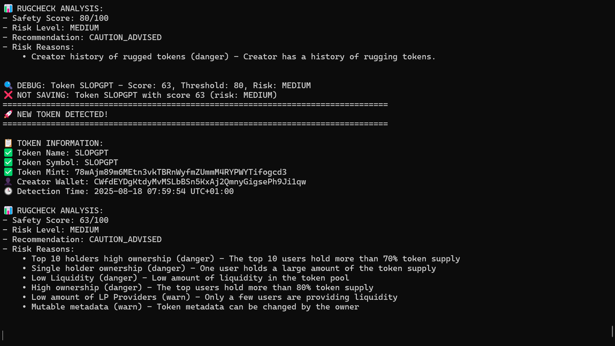 Just open-sourced a real-time Solana token monitoring tool! 

It automatically detects newly minted SPL tokens and performs a comprehensive risk analysis using the <a href="/Rugcheckxyz/">Rugcheck</a>  API, informing you which tokens to buy or not to buy, all without requiring an API key.

GitHub: