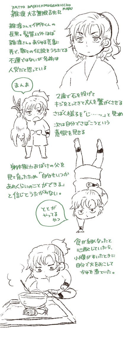 スーパーウルトラ妄想落書き
雑伊長男くん
名前のセンスと引き換えに全ての才能を手に入れた大吉無限吉兆丸くん
殿に名前を報告した時「何て??」って3回くらい聞き返された雑さん