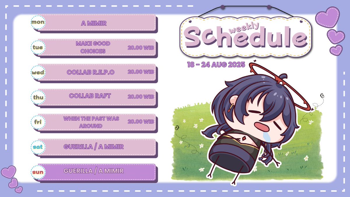 🔮WEEKLY SCHEDULE✨     
  (18 AUG - 24 AUG 2025)    

minggu ini gamenya normal kok 👉👈

🔮HASHTAG✨
General : #mochikieita
LIVE : #eitalive
Art : #eitart
NSFW : #yabei
Meme : #momeme
Clips : #ei_clips
Fan name : #mochilock