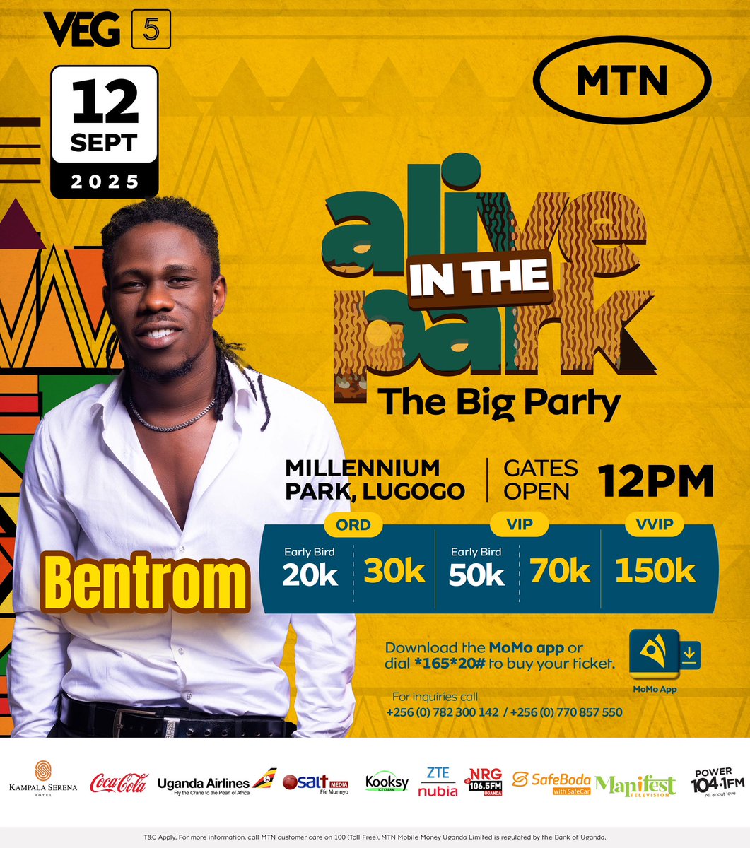 #AliveInThePark ARTISTE REVEAL 

It’ll be gospel dancehall vibe ku vibe with <a href="/bentrom2/">TROM</a> on 12th September at Millennium Park, Lugogo! 

Have you got your tickets? Head over to <a href="/mtnmomoug/">MoMo from MTN Uganda</a> today 👉🏾 bit.ly/3H5fX6A
VVIP reservations 👉🏾 0782300142.

#TheBigParty
#VEGat5✨