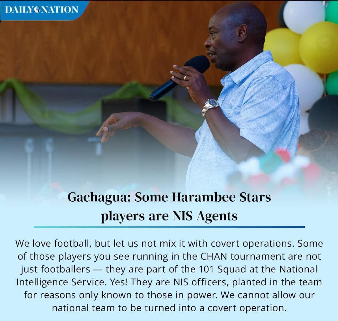 Shocking revelation! Unpatriotic Gachagua claims some Harambee Stars players are NIS agents, turning our beloved Kenya national football team into a covert squad! Let's not mix football with espionage! #StarsAshameRiggyG
#UnpatrioticGachagua