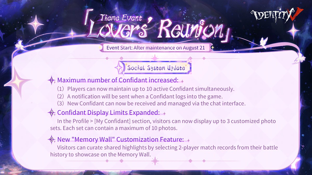 GameIdentityV's tweet photo. Dear Visitors,
Lovers' Reunion begins soon, featuring returning S Costume for Ada &amp; Emil, Joseph's Accessory, and the revamped public map Dream Invitation!
Dive into Identity V's special summer—stay tuned for more updates!
#IdentityV https://t.co/6g0XXRHN4a