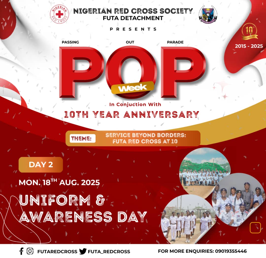 Futa_redcrosS's tweet photo. IT'S DAY 2 ! ⛑️
Proudly wearing our Red Cross uniform, we stand as symbols of hope, humanity, and service. ❤️🤍
Together, we spread awareness, strengthen unity, and uphold the spirit of humanity wherever we go. 🌍✊
#RedCross #UniformDay #HumanityFirst #AwarenessDay #futa https://t.co/Ny7ncdxOl4