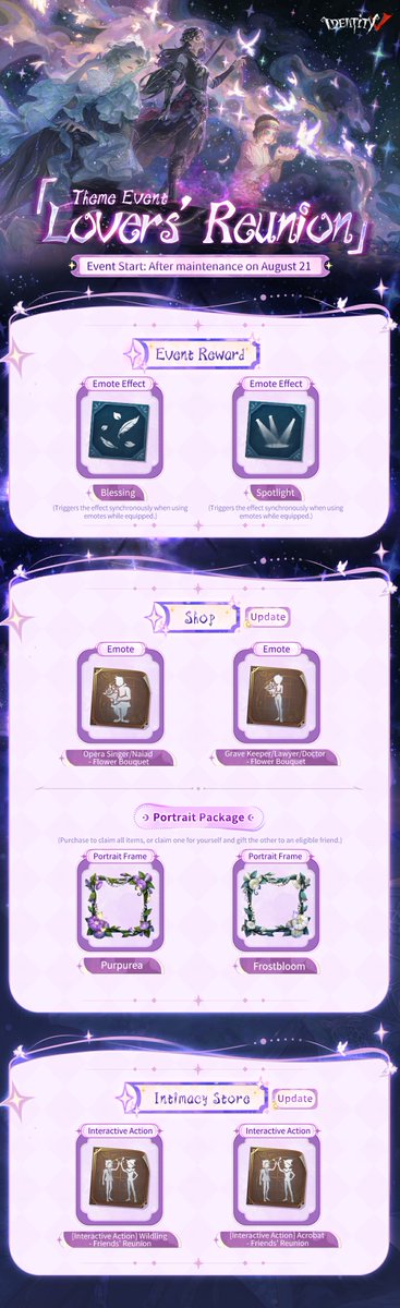 GameIdentityV's tweet photo. Dear Visitors,
Lovers' Reunion begins soon, featuring returning S Costume for Ada &amp; Emil, Joseph's Accessory, and the revamped public map Dream Invitation!
Dive into Identity V's special summer—stay tuned for more updates!
#IdentityV https://t.co/6g0XXRHN4a