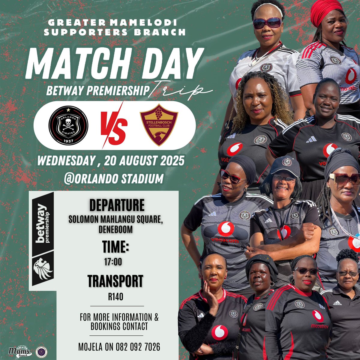 The Betway Premiership is back in full swing and our next  game  <a href="/orlandopirates/">Orlando Pirates</a> vs <a href="/StellenboschFC/">Stellenbosch FC</a> at Orlando Stadium , 

let’s book our transport and rally behind the boys as we did last week . #greatermamelodibranch #weremainhumbleandunited #OnceAlways #BetwayPrem