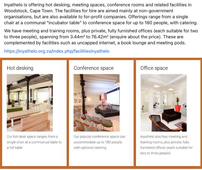 Inyathelo's tweet image. Visit us at: inyathelo.org.za/index.php/faci… to find our more about our hot desking, meeting spaces, conference rooms and related facilities in Woodstock, Cape Town. 
#hotdesking #MeetingSpace #ConferenceFacilities