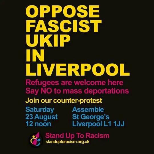 Many thanks to trades unions and other organisations supporting <a href="/AntiRacismDay/">Stand Up To Racism</a> protest against UKIP in Liverpool on Saturday 23rd August.  (Meet 12 noon St George's Hall).
<a href="/NEUNW_Region/">Regional Secretary</a> <a href="/PCS_Northwest/">PCS North West</a> <a href="/Unite_NorthWest/">Unite North West</a> 
<a href="/uaf/">Unite Against Fascism</a>