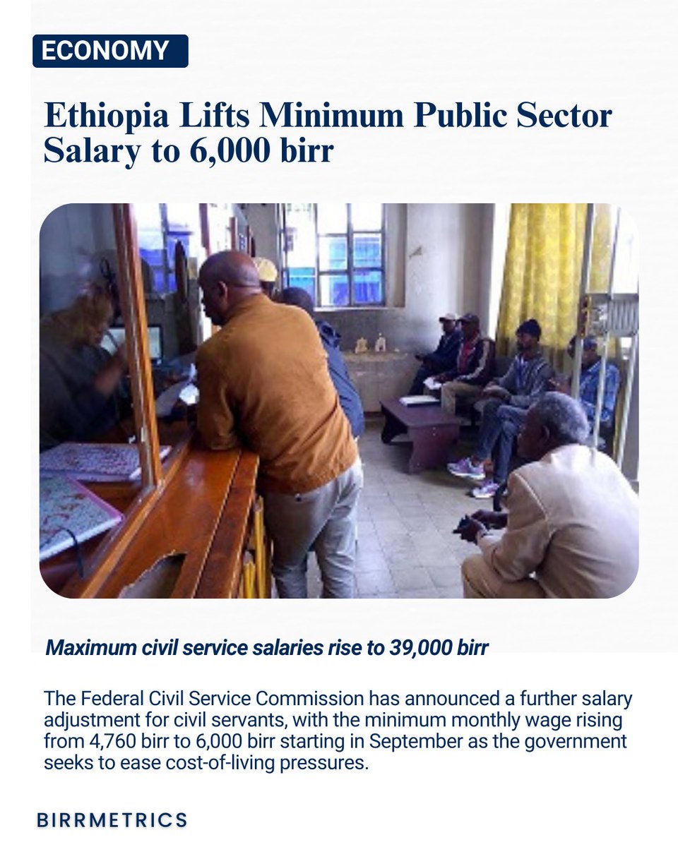birrmetrics's tweet image. Ethiopia raised civil service salaries, setting the minimum at 6,000 birr and maximum at 39,000 birr. The increase covers 2.4 million employees, following last year’s 300% rise.

Read More: birrmetrics.com/ethiopia-lifts…

#Ethiopia #CivilService #SalaryUpdate #PublicSector #Economy