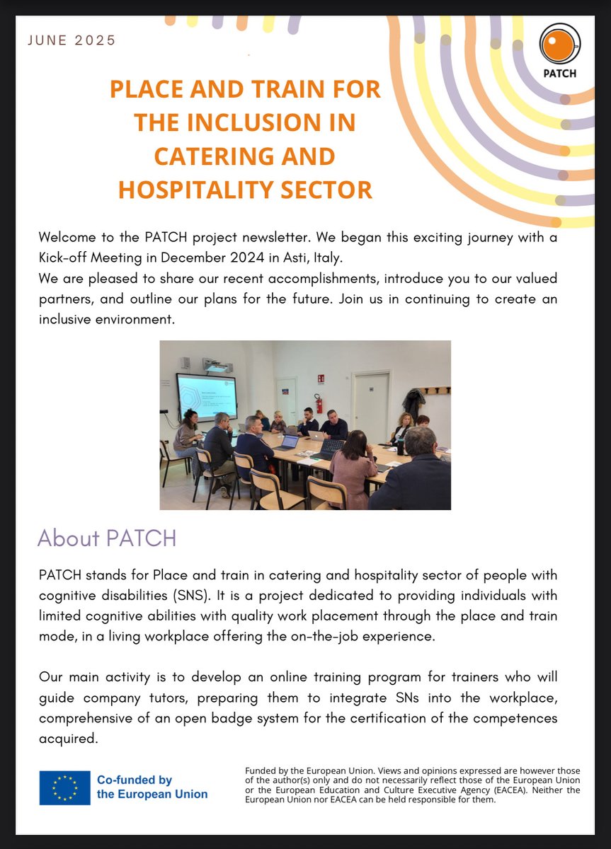 Patch_erasmus's tweet image. The first issue of the PATCH Newsletter is out!

Learn how we’re promoting inclusion in hospitality through Place and Train, meet our partners, and discover what’s next.📢

Want the full PDF? DM us!📨

#PATCHproject #Inclusion #ErasmusPlus