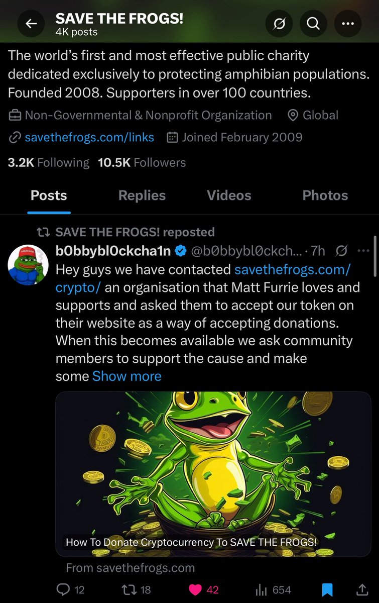 n_ekox's tweet photo. The charity that @Matt_Furie supports reposted us! 

Hopefully soon there will be a way for them to accept $PEPE on @BagsApp as a donation method. Thank you to @b0bbybl0ckcha1n for reaching out and to @finnbags for making all of this possible. https://t.co/qltr26Ffwa