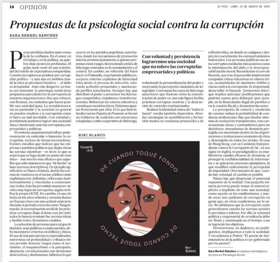Propuestas de la psicología social contra la corrupción, por <a href="/saraberbels/">Sara Berbel Sánchez</a> 
👉🏻”Reducir la identidad cínica del "todos lo
hacen" resulta también imperativo.”
