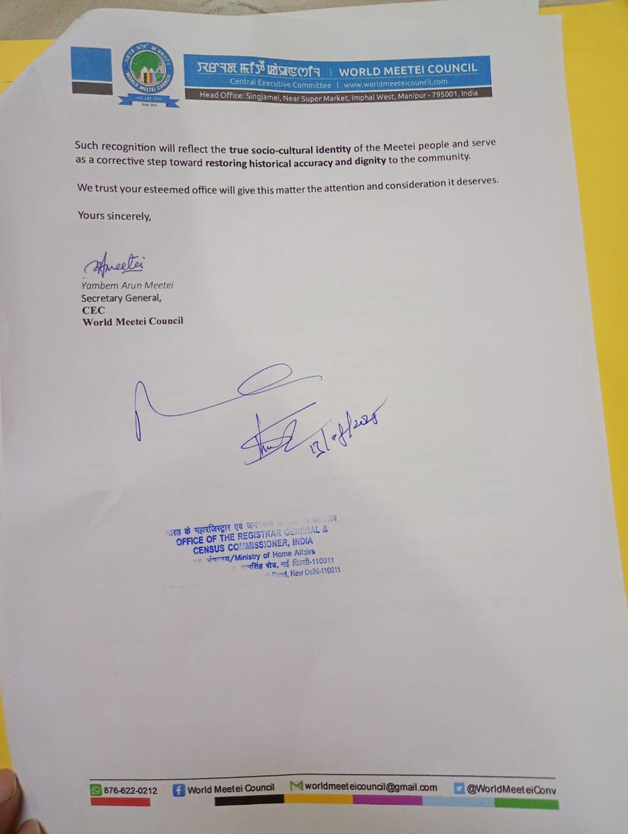 WMC submitted a memo to the Census Director of Manipur and RGI &amp; Census Commissioner, GoI, Delhi.
-----------------------------------------------------------
Proper Identification of the Meetei Community in the Upcoming Caste Census - Request

We write this letter with respect