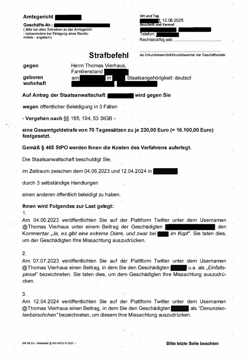 ‼️Apropos #Meinungsfreiheit in #Deutschland:
Mich erreichte der abgebildete #Strafbefehl wegen #Beleidigung in 3 Fällen (Vergehen nach §§ 185, 194, 53 StGB). Einer der Fälle wurde von der staatlichen #Meldestelle #HessenGegenHetze (Hessisches Innenministerium) initiiert.