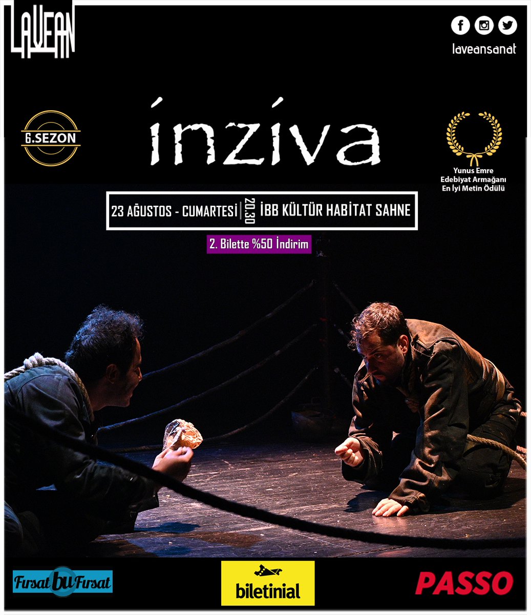 İnziva | habitat sahne

- 23 Ağustos Cumartesi – 20.30 – İBB Kültür Habitat Sahne

Biletler: <a href="/biletinial/">Biletinial</a>  &amp; <a href="/passo/">passo</a>  ve <a href="/firsatbufirsat/">Fırsat Bu Fırsat</a> 
biletinial.com/tr-tr/tiyatro/… 

#inzivaOyun #LaveanSanat #inzivaHabitat
<a href="/laveansanat/">Lavean Sanat</a> <a href="/TiyatroKoop/">Tiyatro Kooperatifi</a> <a href="/BeratBeyoglu/">Berat Beyoğlu</a>