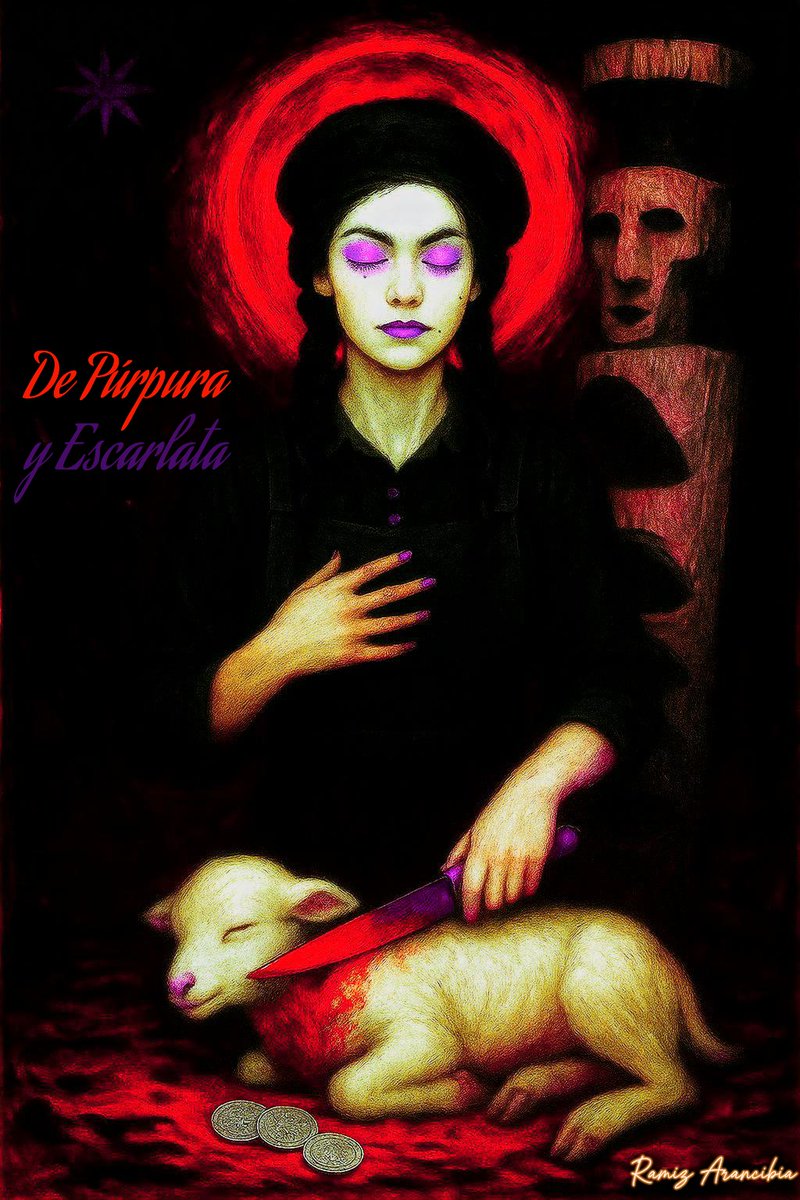 DANIELM2666's tweet photo. Versión N°4, "De Púrpura y Escarlata", portada poemario Ramiz Arancibia. No me gusta las letras, pero algo así se acerca bastante. #IA #SACRIFICIO #Sacred #deviantart #poesia #blogger #artbots #artedigital #SagradoCorazóndeJesús #Rehue #Mapuche #Venus #Chemamull https://t.co/jURaT3mSi8