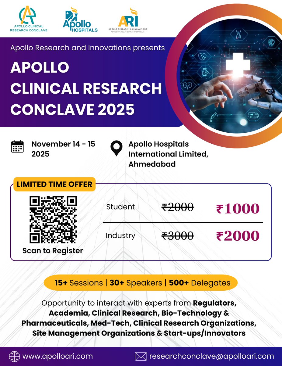 ARI_Apollo's tweet image. Apollo Clinical Research Conclave 2025  
 
Date: 14 - 15 November 2025  
Venue: Apollo Hospitals International Limited, Ahmedabad  

Register now: apolloari.com/event/apollo-c…

@HospitalsApollo 
#clinicalresearch #innovation #abstractpresentation #registernow