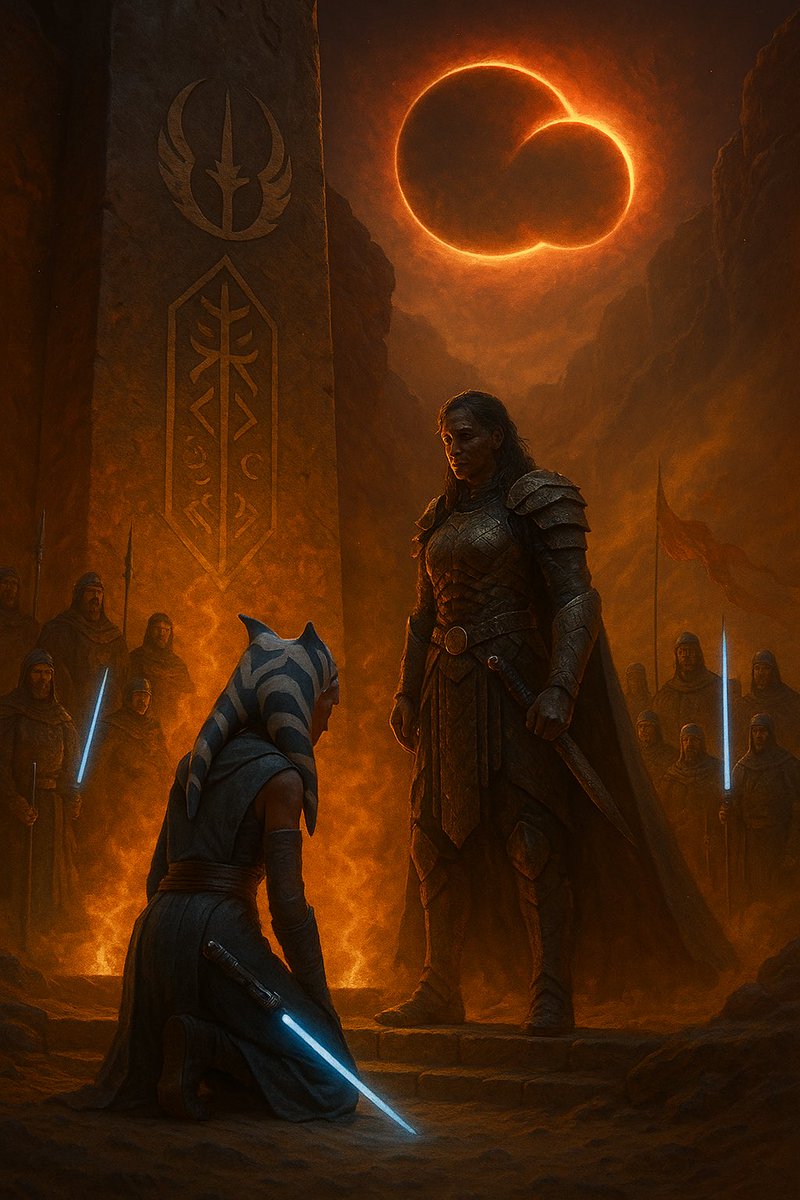 SubAiArt's tweet photo. Under twin suns eclipsed in flame, the warrior kneels. Power is passed—not through words, but legacy. #StarWarsArt #KnightOfTheOldOrder #DarkFantasyArt #EclipseScene #JediKnight #EpicMoments #AIArt #CinematicLore https://t.co/lKEqSfMyB8