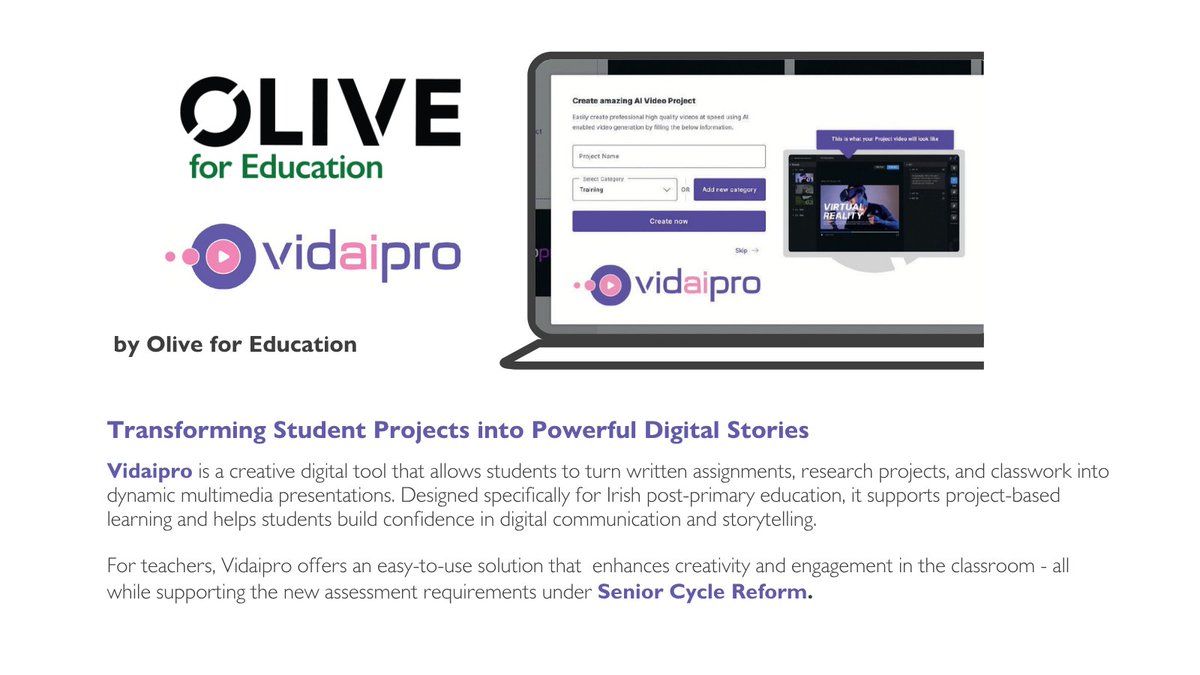 education_olive's tweet image. Turn student projects into powerful digital stories with Vidaipro by Olive for Education. 

✅ Create narrated videos from text
✅ AI prompts for creativity
✅ Templates &amp;amp; captions for accessibility

📩 Book a demo: oliveforeducation.ie

#SeniorCycleReform #EdTech