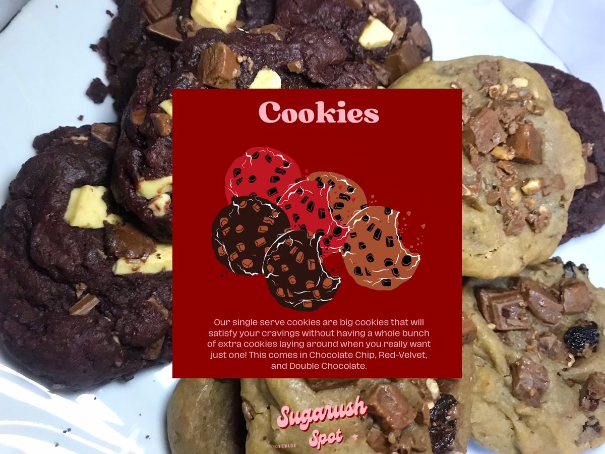 sugarushspot's tweet photo. A custom Single-Serve (Big) Chocolate chip and Red-Velvet Cookies 🍪
Packed with chocolate and raisins 😉
#sugarushspot #cookies #lagos #chocolatechip #chocolatechipcookie #redvelvet #redvelvetcookies https://t.co/8mZEkXkCt6