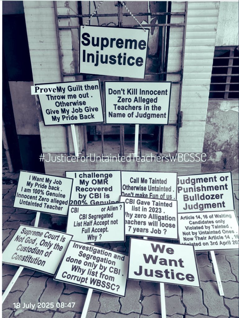 MyselfSUB's tweet photo. #SaveUntaintedTeachersWbssc2016 
We are citizens of a great nation, under a great Constitution.

Governments are formed by highly “qualified” representatives, courts run by so-called “Lords”, and today almost every profession in India overflows with “qualified” people— making one feel as if they’ve entered a grand fair of brilliance! 🤣
Ah, the peace and satisfaction of living in this land— unimaginable to anyone outside! 🤣

One shining example of this peace: WBCSSC 2016 recruitment. 🤣
After nearly 10 years since exams and 6 years of service, the jobs of 25,752 teachers and non-teaching staff have been cancelled! Entire panels across four different categories scrapped — first by the Kolkata High Court’s “renowned Lord” Debangsu Basak’s bench, then by the Supreme Court bench led by ex-CJI Sanjiv Khanna.

This, despite the CBI report clearly identifying corruption and transparency separately. 👍🏾
If courts reject India’s top investigation agency’s findings, then either the agency has no purpose, or those rejecting have no right to hold power. How can two opposite truths stand together? 🫡

CBI found some tainted, some clean. But instead of protecting the innocent, the courts invented a bizarre new term — “Not found to be specifically tainted.” What kind of diseased judicial mindset does it take to create this? 🤯

They say: It was institutional corruption, not the candidates’ fault.
Yet institutions are safe, no one there faces exams again — while innocent teachers and non-teaching staff must re-sit exams!
Meanwhile, the political masterminds behind corruption walk free from jail one by one.
Bravo! Justice at its “best”! 🤣

Job-losers openly challenge these so-called Lords:
“If you have courage, sit for the exam we give you — pass it first before ruining our lives!” 🫵🏾

Who gave courts the right to play with people’s time, money, respect, family, body, and mind?
When it comes to punishing the truly powerful, judges’ hands and mouths go paralyzed. 🤣

And after retirement? Many get rewarded with cushy posts in government — as gifts!
Who can believe such judges don’t give biased verdicts to please the parties offering them those posts? 🤣
Are these not “specifically tainted”? 
I believe they are — only I lack the power to prove it.

But who will judge these judges?
They snatch away innocent livelihoods, push people toward death and despair.
This is what breeds terrorism — no one leaves home by choice!

We demand our rightful justice, respect, compensation, and punishment for the truly corrupt behind these unjust verdicts.

They are a stain on the nation, a disgrace to humanity.
Shame on them. May their corruption be destroyed. 🤲🏾

#WBCSSC2016Scam #FightCorruption #StopJudicialCorruption #Truth #JusticeForWBCSSC2016Innocent #SlaveryMindset #WakeUpIndia #IndependenceOrIllusion #InstitutionalCorruption #PoliticalSlavery #CBI 
#IndianJudiciary #HighCourt  #SupremeCourt #JudicialReform 
#DirtyPoliticsEverywhere 
#JusticeDenied #JusticeDelayed #JusticeForInnocent #CJIBRGavai 
#JusticeForTeachingAndNonTeachingStaff #BulldozerJudgement #JudicialAccountability #UrgentReview #ShameOnJudiciary #DemocracyDestroyed #HealthcareDestroyed #EducationDestroyed #UnemploymentSucks 
#WestBengal #India 

@indSupremeCourt @ndtv @ncsthq @NCSC_GoI @IndianExpress @MLJ_GoI @ZeeNews @LiveLawIndia @LawChakra @rashtrapatibhvn @ShayarImran @RahulGandhi @UNHumanRights @UNESCO @abpanandatv @BBCHindi @cnnbrk @the_hindu @htTweets @aajtak @timesofindia @ReutersAsia @TheStatesmanLtd @PMOIndia @MamataOfficial @RahulGandhi @raghav_chadha @BeingSalmanKhan @ThePrintIndia @TheQuint @thewire_in @TheLallantop @MagadhGuru @AmitShah @India_NHRC @IHRCEU @EduMinOfIndia @calcuttabench @CalcuttaBar @barcouncilindia @BikashranjanBh4 @SuvenduWB @IITKanpur @iitbombay @iitmadras @iitdelhi @MyAnandaBazar @barandbench @INCIndia @BJP4India