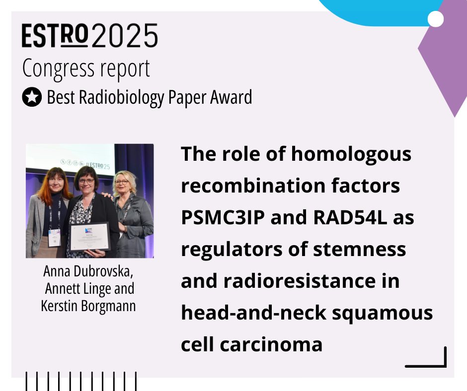 ESTRO_RT's tweet photo. 🏆 Best Radiobiology Paper | #ESTRO25
RAD54L & PSMC3IP: key drivers of #DNArepair, stemness & #radioresistance in #HNSCC.
Findings suggest new synthetic lethality with PARP inhibitors.
👉 https://t.co/6PIDTGTq4S https://t.co/uGHM0PzffG