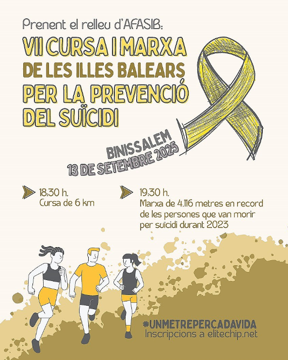 📢Dia Mundial per a la prevenció del suïcidi

▶️VII Cursa i Marxa de les Illes Balears per a la Prevenció del Suïcidi

▶️Inscripcions: elitechip.net/index.php?zwsh…

▶️Contribuir prevenció mitjançant visibilització realitat del suïcidi

Organitzen: <a href="/Coiba1/">COIBA</a> <a href="/SalutMentalIB/">Salut Mental IB</a> Aj Binissalem