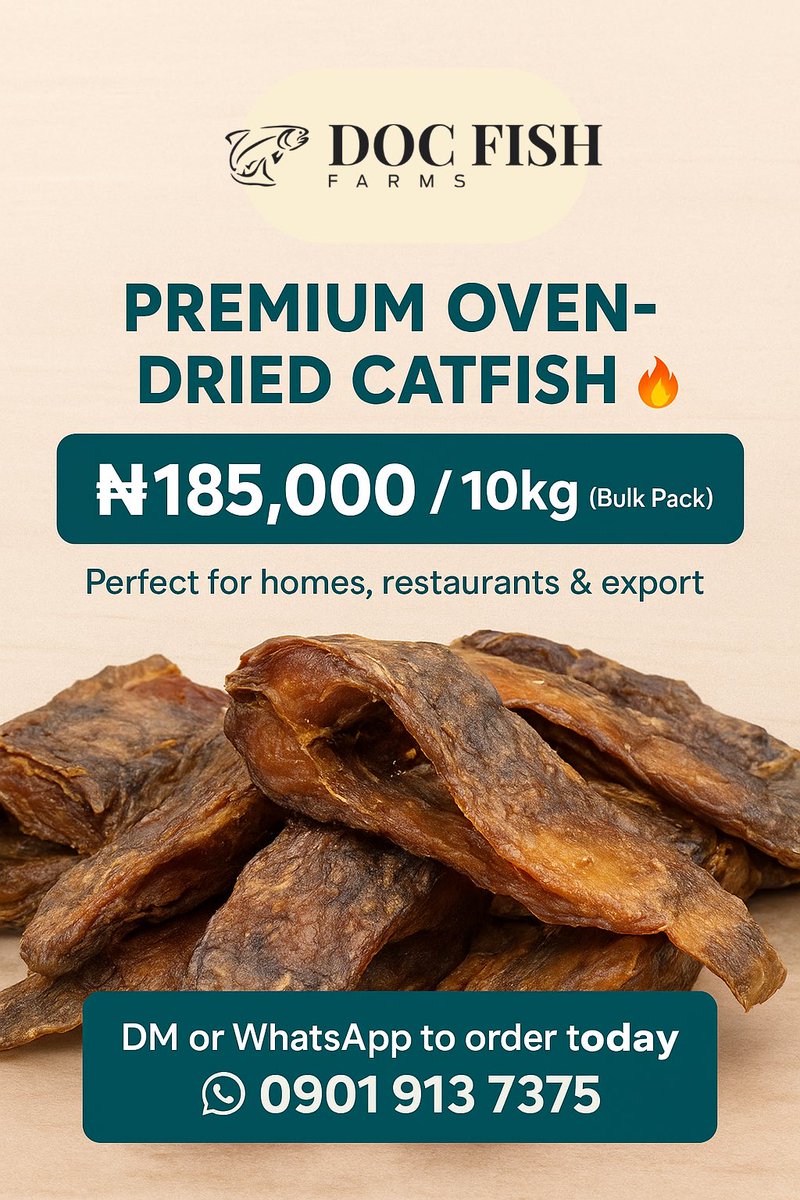Stock your kitchen or your store with premium oven-dried catfish

Perfect for:
Busy homes
Restaurants &amp; food vendors
Export packs

10kg Dried Catfish – ₦185,000 only.
Smaller packs also available.

This week’s orders are now open – don’t miss out!

DM or WhatsApp 0901 913 7375