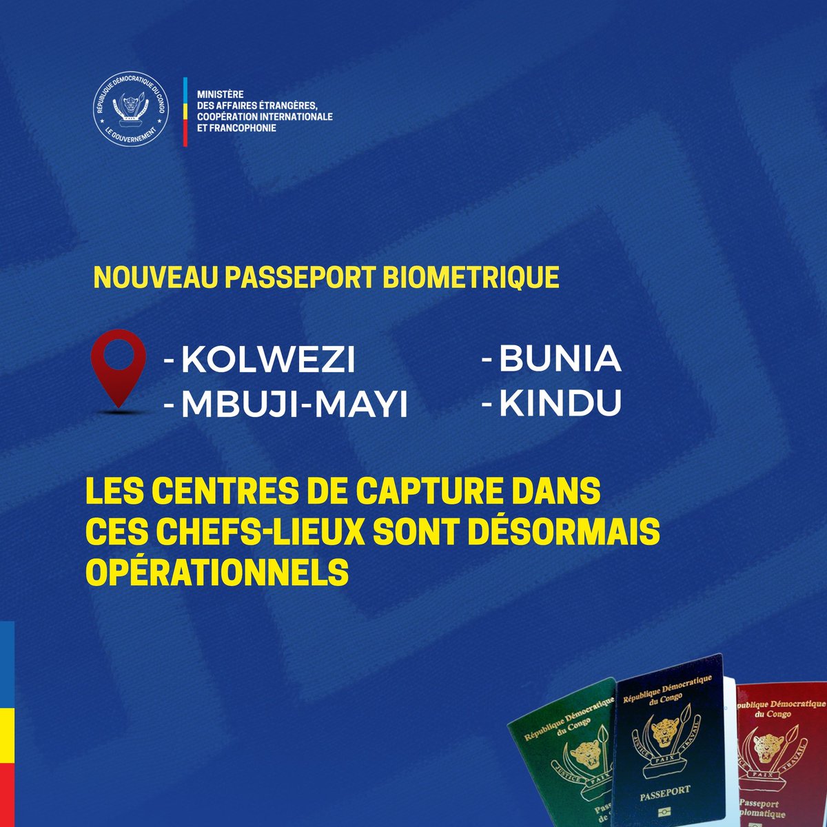 Nouveau Passeport Biométrique RDC (@passeportrdc) on Twitter photo #BonneNouvelle
Obtenez votre nouveau passeport biométrique en un clic sur : passeport.gouv.cd
<a href="/Presidence_RDC/">Présidence RDC 🇨🇩</a>
<a href="/PrimatureRDC/">Primature de la République Démocratique du Congo</a>
<a href="/RDC_Minafet/">RDC • Affaires Etrangères 🇨🇩</a> #BonneNouvelle
Obtenez votre nouveau passeport biométrique en un clic sur : passeport.gouv.cd
<a href="/Presidence_RDC/">Présidence RDC 🇨🇩</a>
<a href="/PrimatureRDC/">Primature de la République Démocratique du Congo</a>
<a href="/RDC_Minafet/">RDC • Affaires Etrangères 🇨🇩</a>