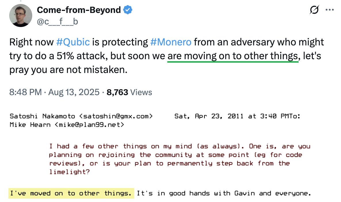 CFB is always moving on. From Bitcoin to CryptoNote to Nxt to Tangle to Qubic to mining Monero to mining $DOGE and giving birth to decentralized AI.

Crypto innovations don't happen by themselves.